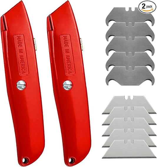 Canopus Heavy Duty Utility Knife with Utility and Hook Blades, All Metal Retractable Box Cutter, Carpet Knife, Shingle Cutter Roofing Knife, Combo Pack, Red, Made in USA
