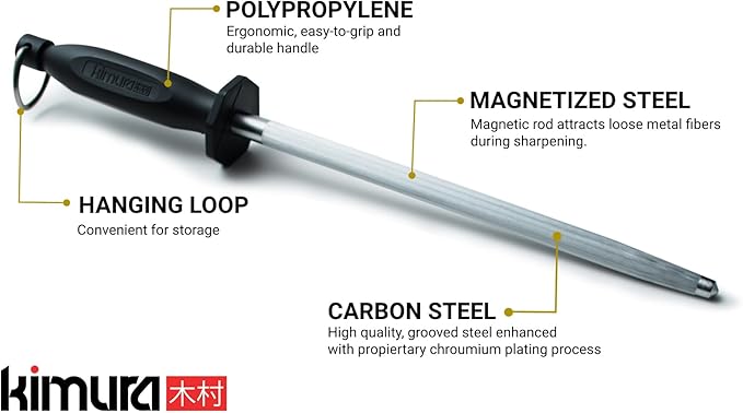 Kimura짰 Professional Honing Steel, 10 inch Honing Rod, Carbon Steel Knife Sharpener, Magnetized Steel, Ergonomic & Balanced Polypropylene Handle, Ideal for All Chef Knives, Japanese Gift Box
