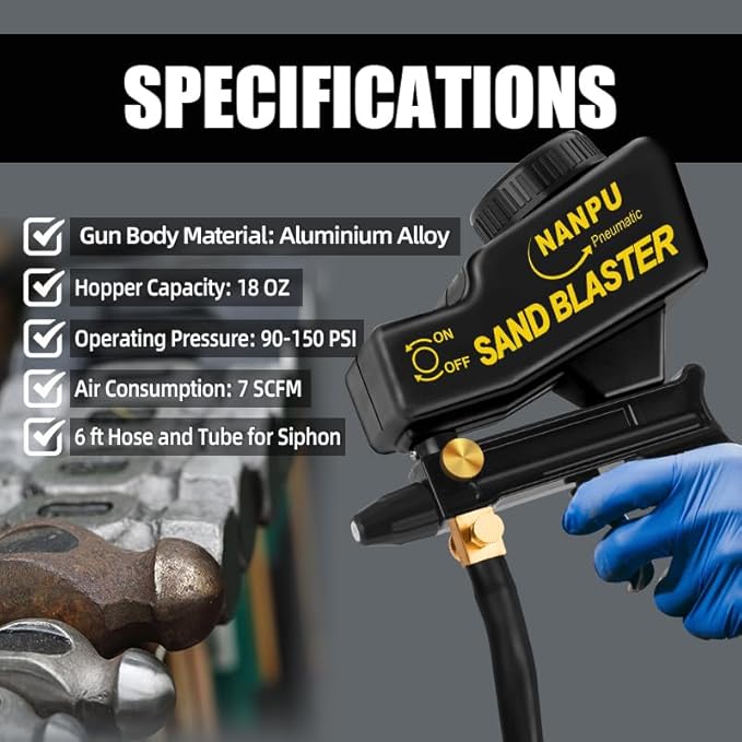 NANPU Air Sand Blaster Gun with Siphon & Gravity Feed for Air Compressor, Ceramic Nozzle, Metal Body, Paint/Rust Remover for Metal, Wood & Glass Etching, for Aluminum/Sand/Walnut Shells/Soda Blasting