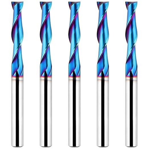 5PCS Upcut Spiral Router Bit 1/4 inch Shank, 1/4 inch Cutting Diameter, Extra Long 3 inch Solid Carbide with Nano Blue Coating CNC Router Bits End Mill for Wood Cut, Carving