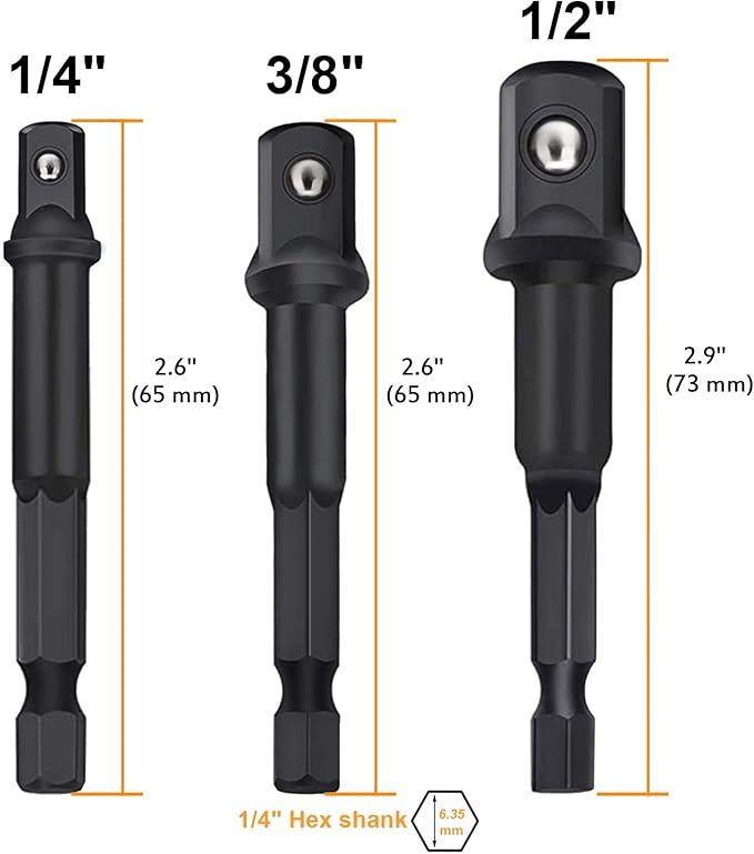 Impact Grade Socket Adapter Set, PTSLKHN 1/4, 3/8, and 1/2 Inch Socket Adapters, Chrome Vanadium Steel, Convenient Carry Box - Ideal for Impact Drills and Drivers(Surface phosphating black)