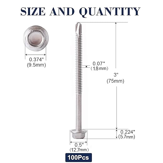 #14 x 3 Sheet Metal Screws 100PCS 410 Stainless Steel Hex Washer Head Fast Self Tapping Screws by SG TZH