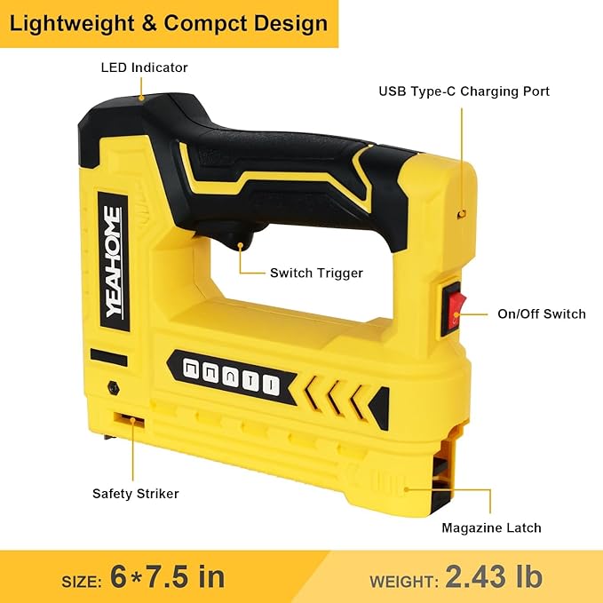 YEAHOME Electric Staple Gun, 5 in 1 Cordless Staple Gun for Upholstery with 1200 5/16" Staples, 600 1/2" U-Shape Staples, 600 19/32??pin Nails, 60019/32??Nails and 1 USB Charger Cable