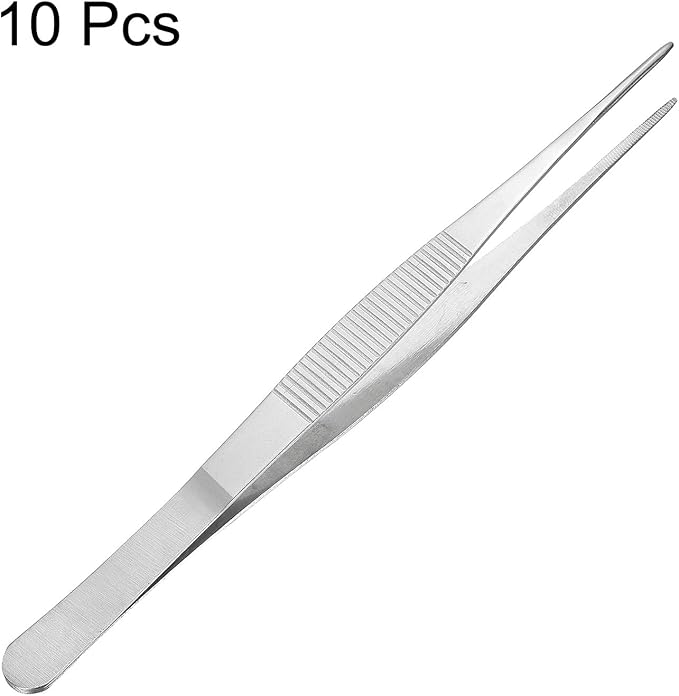 uxcell Stainless Steel Tweezers 7-Inch Straight Serrated Tip Stainless Steel Multipurpose Sewing Tweezer Silver 10 Pcs