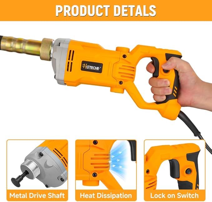 Hoteche 1200W Electric Concrete Vibrator ??Handheld Power Concrete Vibration Tool with 2m Cable ??for Slabs, Foundations, Driveways(Machine Only, compatible with 35mm Rod)