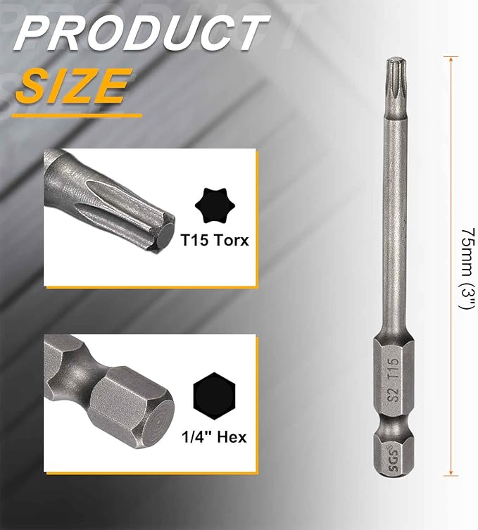 HARFINGTON 2pcs T15 Torx Head Screwdriver Bit 1/4" Hex Shank 3" (75mm) Long Magnetic No Hole Tip Tamper Proof 6 Point Star Screw Driver Drill Bits S2 Steel Industrial Power Screwdrivers