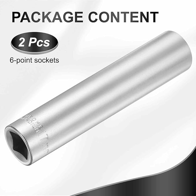 HARFINGTON 2pcs 6 Points Deep Socket 1/2" Drive 17mm Deep Metric CR-V Steel Polished Nickel Plating Flip Sleeve 120mm / 4.7" Extra Long Socket Tool for Home Auto Nuts Bolts Repair