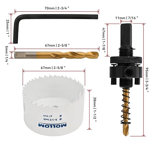 Mollom (67mm | 2-5/8") HSS M42 with 8% Cobalt BI-Metal Hole Saw with 2 Pilot Drill Bits & Arbor Smooth Cutting for PVC,Drywall,Wood,Plastic,Gypsum Board,Rubber