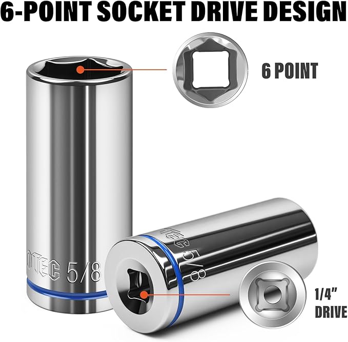 1/4" Drive SAE Master Socket Set, 13-Piece Deep Hex Socket Set (1/8" - 5/8"), Cover Most Commonly Sizes, 6 Point, Chrome Vanadium Steel with Molded Case