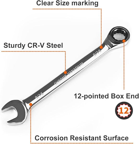 Egofine 9/16 wrench and 7/16 ratchet wrench, SAE Ratcheting Wrench Set, Industrial Grade Gear Spanner with 12-Point Design, 72-Tooth Ratchet, Chrome Vanadium Steel