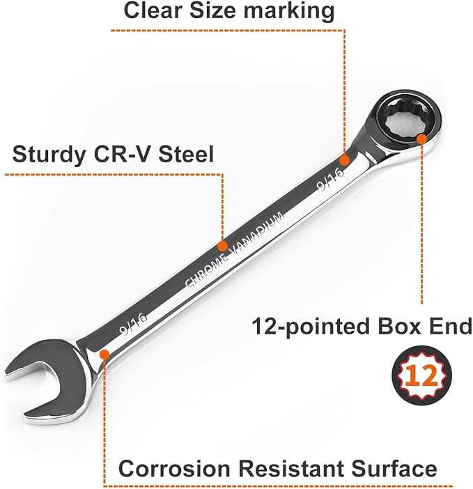 Egofine 9/16 inch Ratcheting Combination Wrench SAE, Industrial Grade Gear Spanner with 12-Point Design, 72-Tooth Ratchet, Chrome Vanadium Steel