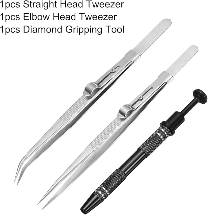 HARFINGTON 3pcs Diamond Tweezer Holder Pick Up Tool Set Stainless Steel 4 Claw Holder Straight/Elbow Head Jewelry Locking Tweezer for Tiny Objects Electronic Components, Silver/Black