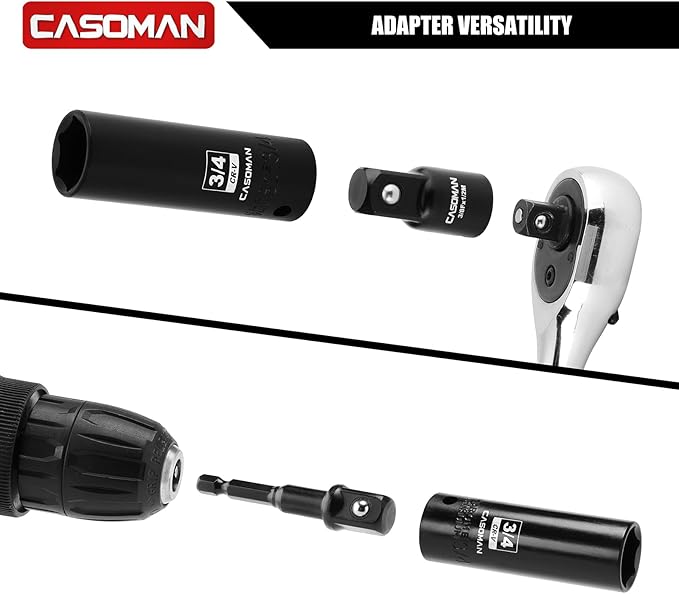 CASOMAN 25 PCS 1/2" Drive Deep Impact Socket Set with Case, 6 Point, 3/8" - 1-1/2", SAE, Include Extension Bars, Socket Adapter, Drill Adapter and Universal Joint