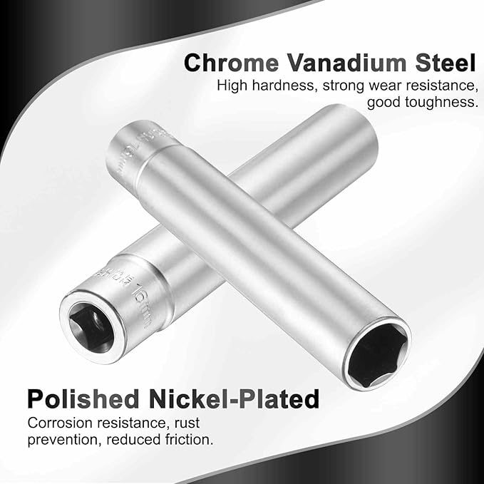 HARFINGTON 2pcs 6 Points Deep Socket 3/8" Drive 16mm Deep Metric CR-V Steel Polished Nickel Plating Flip Sleeve 120mm / 4.7" Extra Long Socket Tool for Home Auto Nuts Bolts Repair
