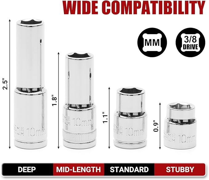 MIXPOWER 104 PCS 3/8" Drive Master Metric Socket Sets,Deep,Mid-Length,Shallow,Stubby and Flex Sockets,6 & 12 point,CR-V Steel