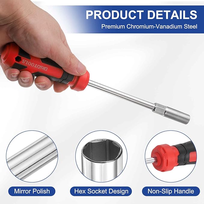 HARFINGTON 4 Pcs Metric Nut Driver 11mm/12mm/13mm/14mm CR-V Non-Magnetic Tip Hollow Shafts Hex Socket Screwdriver with Anti-Slip Handle for Automobile Repair Bit Driver, Brown