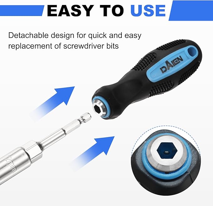 HARFINGTON Metric Nut Driver 8mm/10mm/12mm CR-V Non-Magnetic Detachable Tip Hollow Shafts Hex Socket Screwdriver with Anti-Slip Handle for Automobile Repair Bit Driver, Blue/Black
