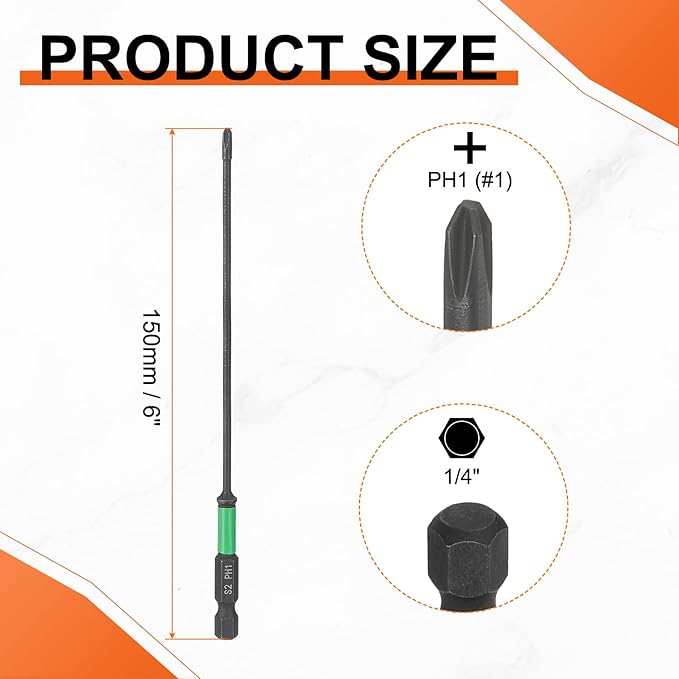 HARFINGTON 5pcs #1 Impact Phillips Screwdriver Bit PH1 1/4" Hex Shank 6" (150mm) Length 0.1" Rod Magnetic Cross Head Drill Bits S2 Steel Industrial Screw Drivers for Impact Power Tools