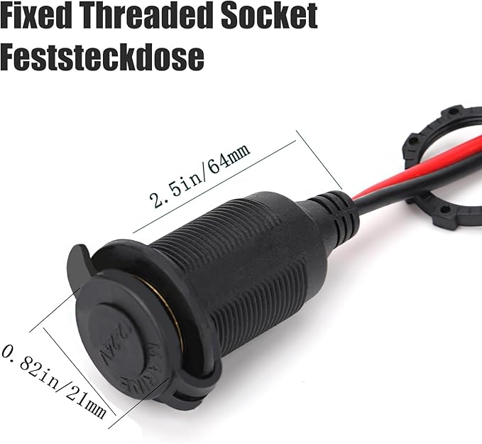 12V/24V Fixed Thread Cigarette Lighter Socket Extension Cable with Perforated Terminal Direct Battery Type car Adapter 2.5mm² 20A Heavy Duty Cable 10FT（Free Two Blade fuses）