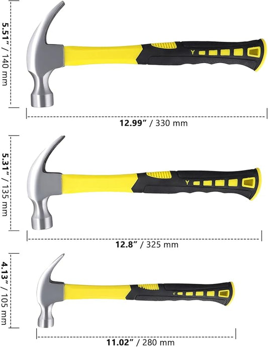 HAKZEON 3 PCS 8/16/24oz Claw Hammers, Nailing Hammer with Shock Absorption handle, Screw Thread Steel Head Rip Claw Hammer framing hammer for Repairing Furniture Assemble
