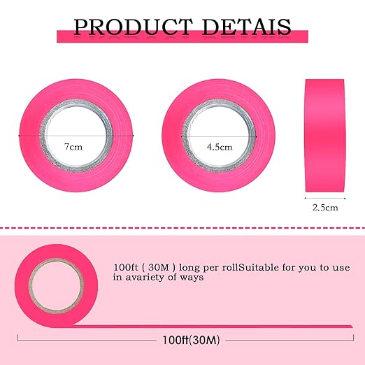 6 Pack Pink Flagging Tape, Non-Adhesive Plastic Ribbon Neon Marking Roll, 1inch*600ft, Marking Tape for Tree Marking, Hunting, Boundaries and Hazardous Areas,Trail Marking