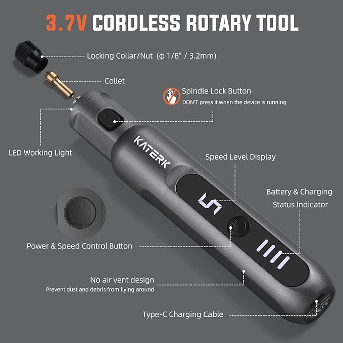 Katerk Mini Cordless Rotary Tool, 5-Speed Rotary Tool Kit, 5000-20000RPM & 70 Accessories, Multi-Purpose 3.7V Power Rotary Tool for Sanding, Engraving, Polishing, Drilling, DIY Crafts, 3D Printing