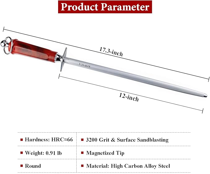 Sharpening Steel Knife Sharpener Rod Round 12 Inches Honing Steel for Knives Red