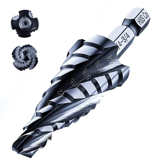 toolant Four Spiral Flute Cobalt Step Drill Bit(Pro), 1/4"-3/4" Impact Ready Unibit Step Drill Bit, 1/4" Hex Shank Step Bits for Metal, Stainless Steel, Aluminum, Plastic