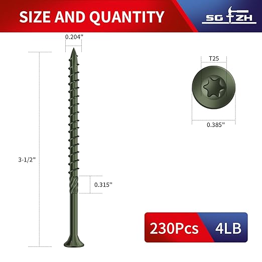 #10 x 3-1/2" Deck Screws (230Pcs) 4lb. Carbon Steel, Green, Flat Head, Rust Resistant epoxy Coated, with T25 Star Bit