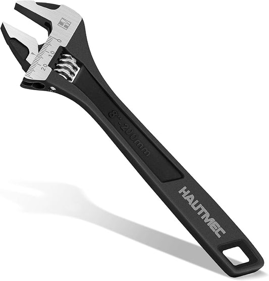 HAUTMEC 8 inch Adjustable Wrench Extra Wide Jaw Black Finish Adjustable Wrenches Drop-Forged CR-V Steel Metric & SAE Scales for Home Garage Workshop DIY