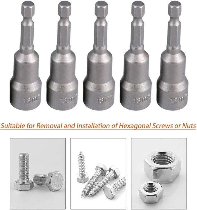 5pcs Power Screwdriver Nut Driver Bit Set Sizes 13mm 1/4??Hex Shank Impact Nuts Driver Drill Bits Metric Wrench Socket Bit