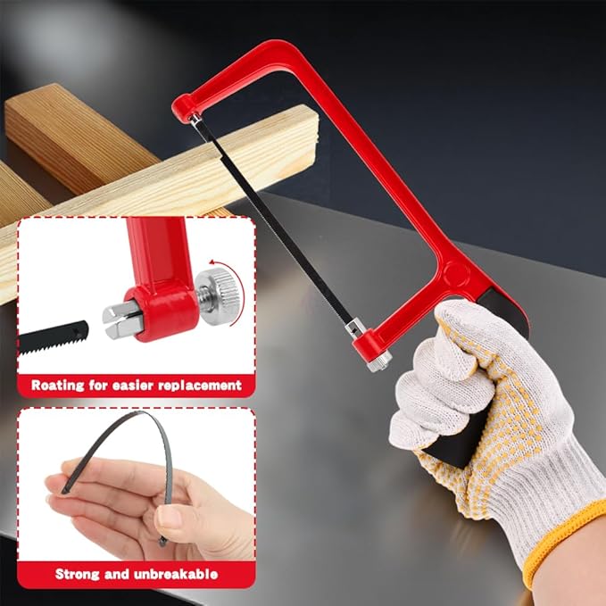 Mini Metal Mitre Box and Saw Set, 6 Inch Extra Fine Cut Hand Saw with 2 Hacksaw Replacement Blades & Gloves for Crafts, Hobby Projects, Cutting Wood, Soft Metal (Red)