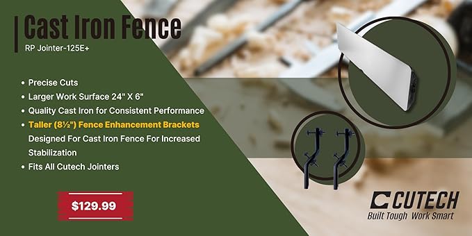Cutech RP Jointer-125E+ 24" x 6" Cast Iron Fence with 8쩍" Fence Enhancement Brackets (Fits All Cutech Jointers Only)