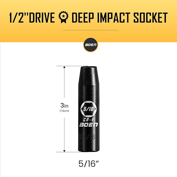 BOEN 1/2" Drive Deep Impact Socket,5/16 Inch Premium Socket,SAE,6 Point,Cr-V Steel with Laser Marking - Strong and Durable
