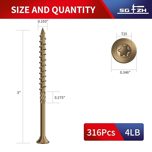 #9 x 3 Inch Deck Screws (316Pcs) 4lb. Carbon Steel, Yellow, Flat Head, Rust Resistant epoxy Coated, with T25 Star Bit