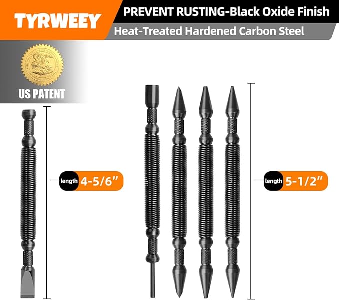 5-Piece Nail Setter Dual Head Nail Set & Dual Head Center Punch & Hinge Pin Remover Punch Set, Spring Loaded Center Hole Punch, Nail Setter Features 1/8-in, 3/32-in, 3/16-in, 1/16-in, 1/32-in