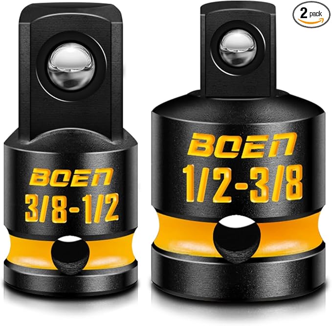 boen 2PCS Impact Socket Adapter and Reducer Set, 3/8"F to 1/2"M Adapter & 1/2"F to 3/8"M Reducer, Deep Yellow Embossed Marking, CR-MO Steel