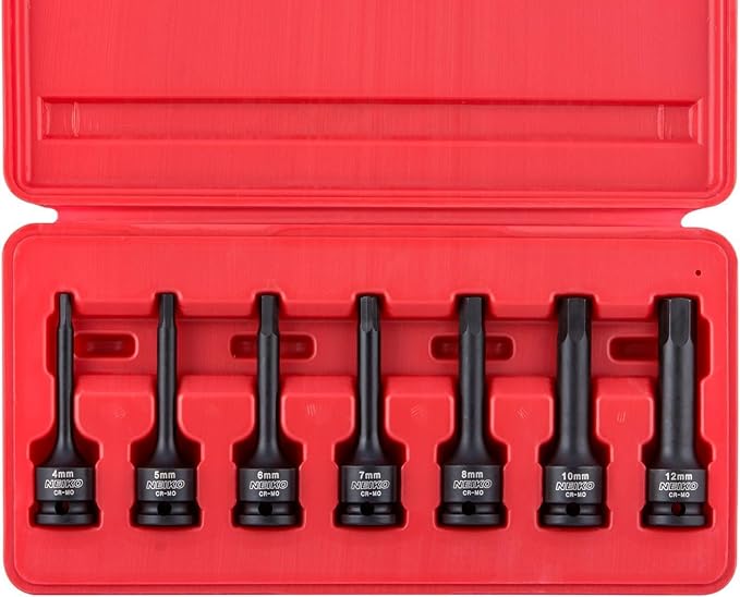 NEIKO 01130B 3/8" Drive Allen Socket Set, 7 Piece, 3 Inch, 3/8??Impact Hex Bit Socket Set, Metric Hex Driver 4 mm to 12 mm, Chrome-Moly Cr-Mo Impact Grade
