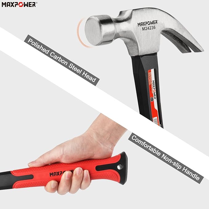 MAXPOWER Hammer and Pry Bar Set, 20oz Claw Hammer &15-inch Flat Pry Bar