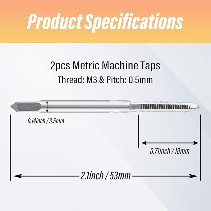 Qjaiune 2pcs M3x0.5 Machine Tap, M3 Metric Thread Tap HSS Thread Tapping Tool, 3 Straight Flutes Thread Milling Taps (M3 x 0.5)