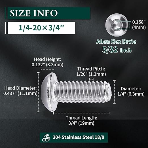 1/4-20 x 3/4" Button Head Socket Cap Bolts Screws, 304 Stainless Steel 18-8, Allen Hex Drive, Bright Finish, Fully Machine Thread, Pack of 100