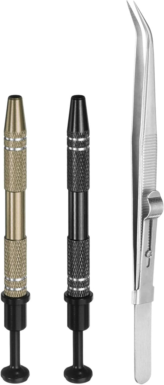 HARFINGTON 3pcs Diamond Tweezer Holder Pick Up Tool Set Stainless Steel 4 Claw Holder Elbow Head Jewelry Locking Tweezer for Tiny Objects Electronic Components, Silver/Brown/Black