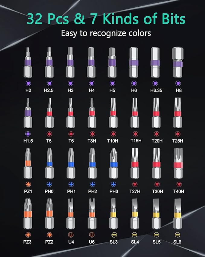 ORIA Magnetic Screwdriver Set, 34 in 1 Ratchet Screwdriver Set, Portable Precision Tool Kit with DIY T Handle, 32 Color-Coded Precision Bits for DIY Furniture Computer Bicycle