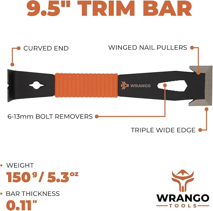 Wrango Tools 9.5" Trim Bar Pry Bar - Patented Small Pry Bar with Bolt Remover & Nail Puller for Home Improvement & Construction - Flat Bar with Shock-Absorbing Grip & Wide Winged Ends, 2pk