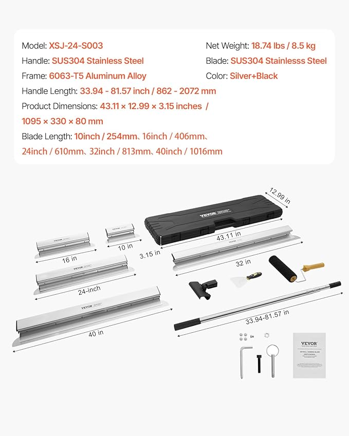 VEVOR Drywall Skimming Blade Set (10/16/24/32/40 inch) with 34-81.6 inch Extension Handle, Professional Stainless Steel Knife for Gyprock, WallBoard, and Plasterboard Skim Coating