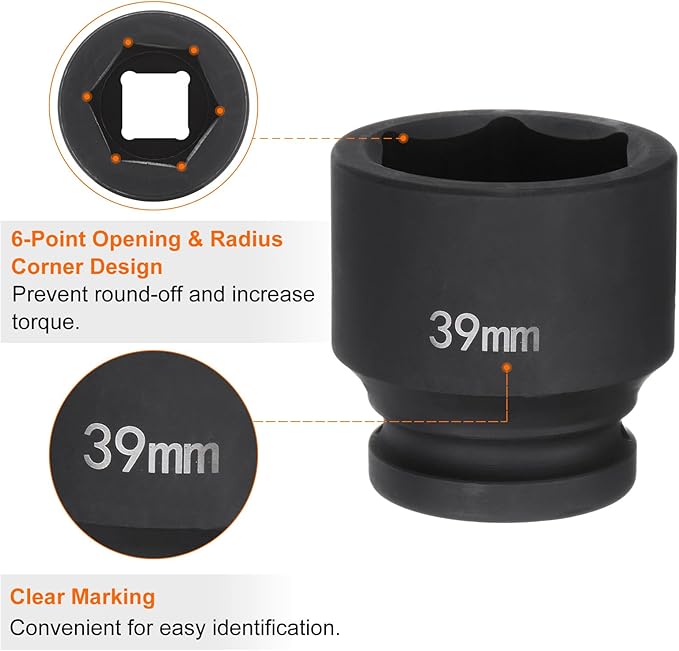 HARFINGTON 6-Point Impact Socket 3/4" Drive 39mm Metric 40Cr Alloy Steel Spindle Axle Nut Impact Socket