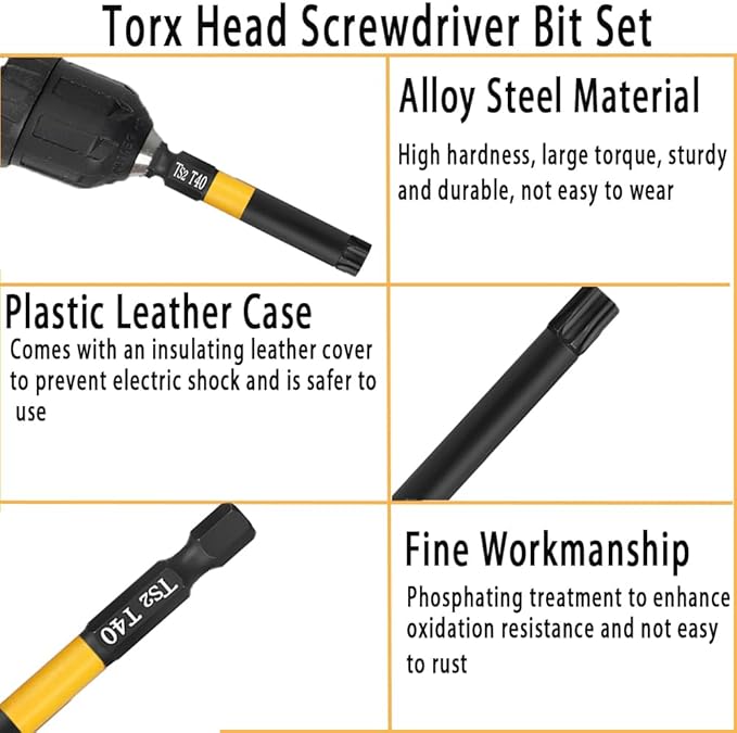 7pcs Impact Security Torx Bit Set, T10 to T40 Tamper Proof Star Bits 3.94 Inch Long, S2 Alloy Steel Magnetic Screwdriver Bits with 1/4" Hex Shank for High Torque Drill Driver, Automotive, Electronics