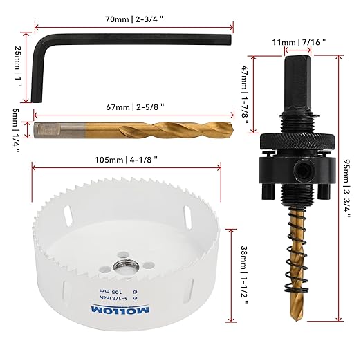 Mollom (105mm | 4-1/8") HSS M42 with 8% Cobalt BI-Metal Hole Saw with 2 Pilot Drill Bits & Arbor Smooth Cutting for PVC,Drywall,Wood,Plastic,Gypsum Board,Rubber