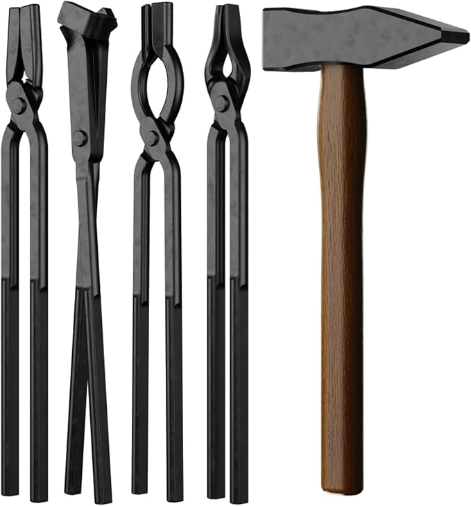 5PCS Blacksmith Tools with Blacksmith Tongs and Blacksmith Hammer,3/8inch V-Bit Bolt,V-Bit Blade,Flat Jaw,Square Jaw, and Assembled Blacksmithing Tongs for Forging Tools and Equipment
