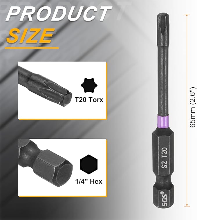 HARFINGTON 5pcs T20 Torx Head Impact Screwdriver Bits 1/4" Hex Shank 2.6" (65mm) Long Magnetic No Hole Tamper Proof 6 Point Star Screw Driver Drill Bits Phosphate S2 Steel Power Tools
